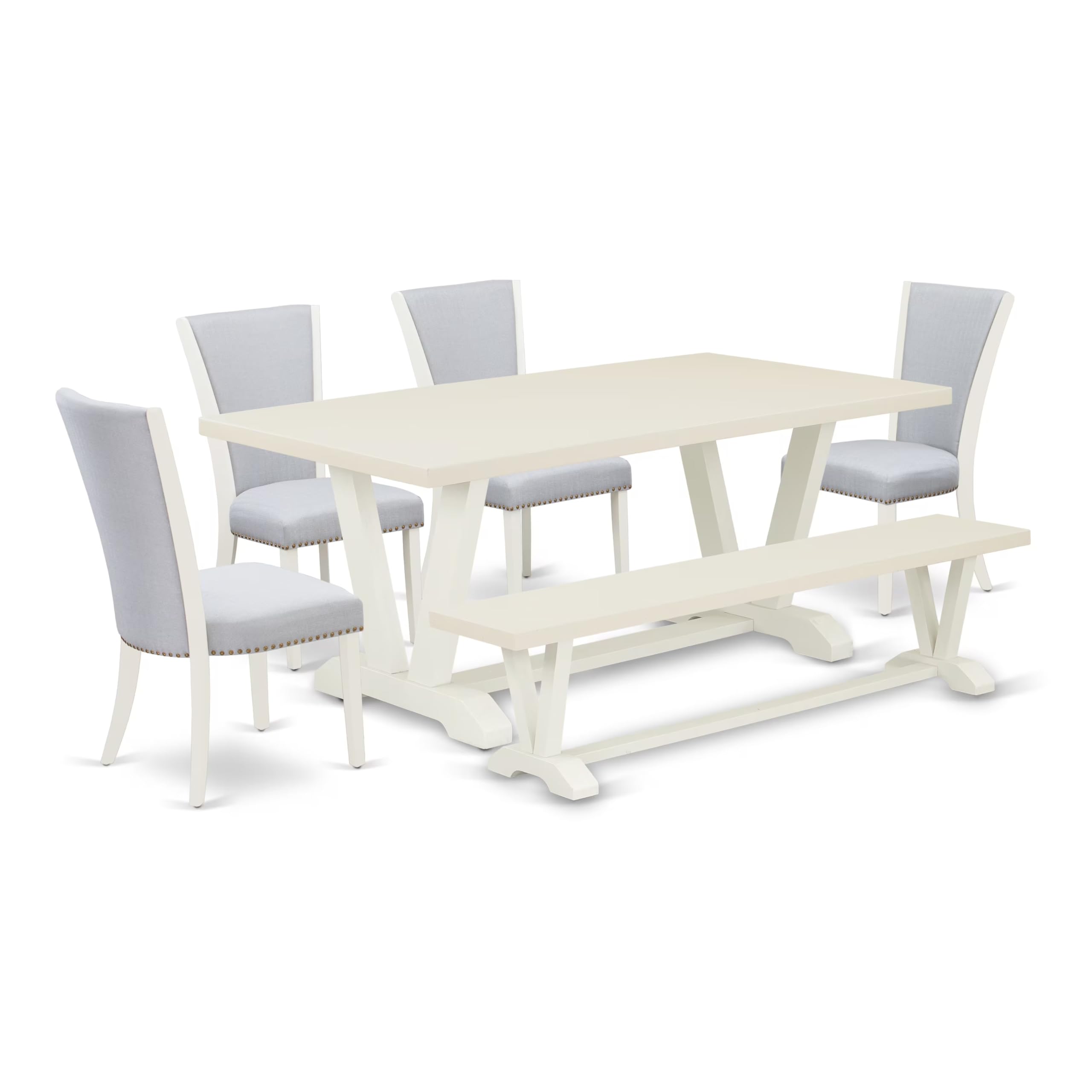 East West Furniture V027VE005-6 6 Piece Dining Table Set Contains a Rectangle Dining Room Table with V-Legs and 4 Grey Linen Fabric Parson Chairs with a Bench, 40x72 Inch, Multi-Color